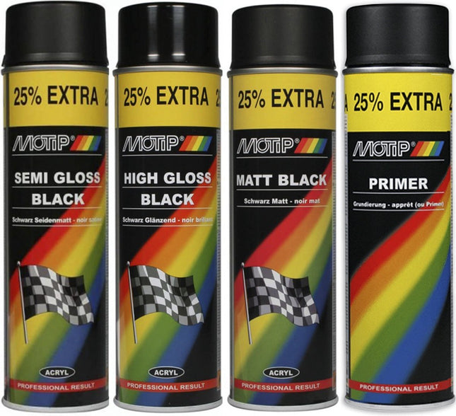Spuitbus Lak Motip set 4 stuks - Spuitbus mat zwart verf Matt Black - Spuitbus zijdeglans zwart verf - Spuitbus hoogglans zwart verf - Spuitbus Grondverf Primer zwart verf of Grondverf met inhoud van 500ML