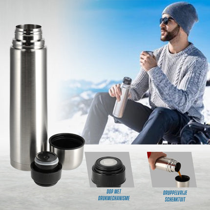 3-Delige RVS Thermosfles Set 1 Liter | Dubbelwandig, BPA-Vrij, Met Drinkbeker | Ideaal voor Reizen, Koffie, Soep, Thee en Dagelijks Gebruik
