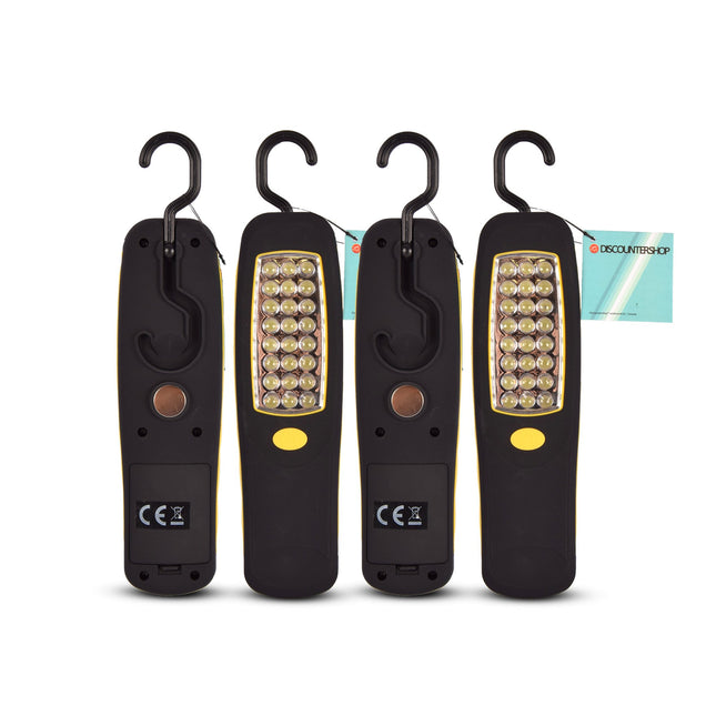 Voordelpak van 4 Stuks Geel & Zwart LED Werklamp | Met Magneet & Ophanghaak | 24 LED Looplamp voor Werkplaats en Garage | Bouwlamp voor Indoor & Outdoor | Zaklamp voor Doe Het Zelf Projecten