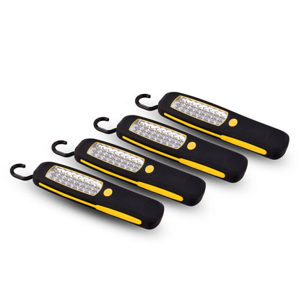 Voordelpak van 4 Stuks Geel & Zwart LED Werklamp | Met Magneet & Ophanghaak | 24 LED Looplamp voor Werkplaats en Garage | Bouwlamp voor Indoor & Outdoor | Zaklamp voor Doe Het Zelf Projecten