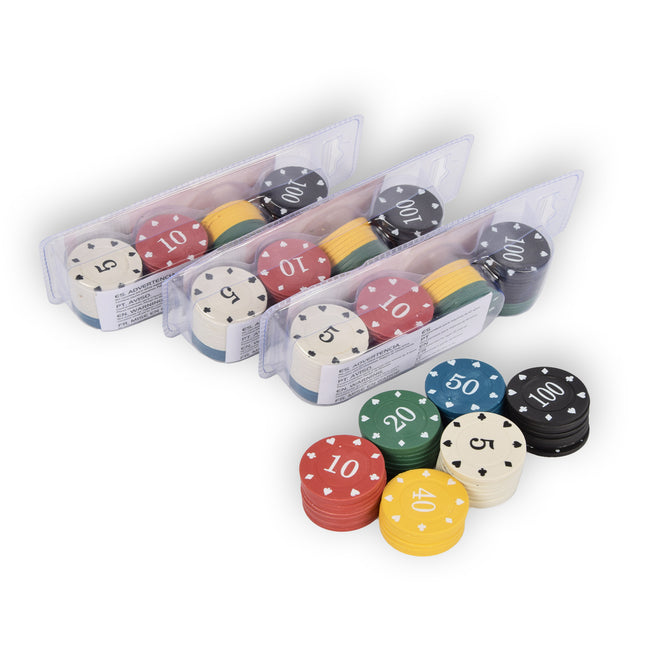 4x 48-delige Pokerchips - Pokerset | Pokeren, Casino | Plastic | Rood, Blauw, Zwart, Wit, Geel, Groen | 20.5cm x 6.5cm x 5cm | Aanbevolen vanaf 10 jaar 