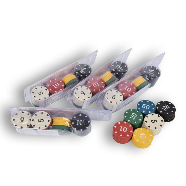 5x 48-delige Pokerchips - Pokerset | Pokeren, Casino | Plastic | Rood, Blauw, Zwart, Wit, Geel, Groen | 20.5cm x 6.5cm x 5cm | Aanbevolen vanaf 10 jaar 