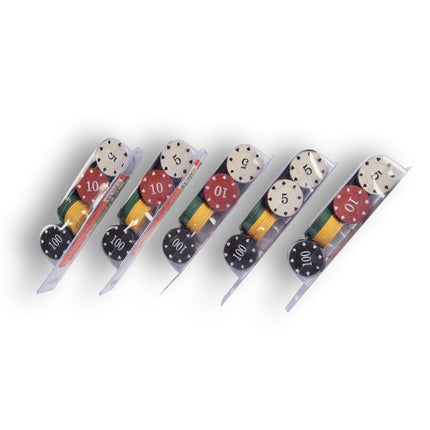 5x 48-delige Pokerchips - Pokerset | Pokeren, Casino | Plastic | Rood, Blauw, Zwart, Wit, Geel, Groen | 20.5cm x 6.5cm x 5cm | Aanbevolen vanaf 10 jaar 