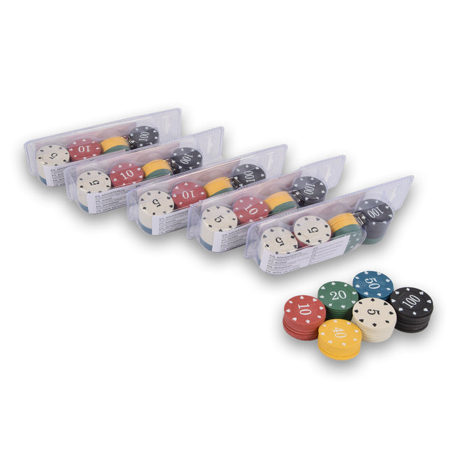 6x 48-delige Pokerchips - Pokerset | Pokeren, Casino | Plastic | Rood, Blauw, Zwart, Wit, Geel, Groen | 20.5cm x 6.5cm x 5cm | Aanbevolen vanaf 10 jaar 