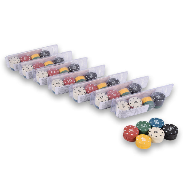 8x 48-delige Pokerchips - Pokerset | Pokeren, Casino | Plastic | Rood, Blauw, Zwart, Wit, Geel, Groen | 20.5cm x 6.5cm x 5cm | Aanbevolen vanaf 10 jaar 