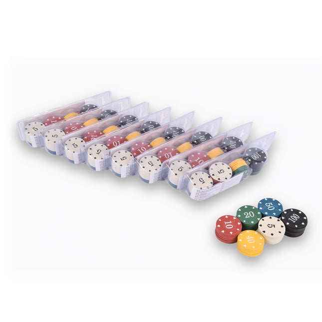 9x 48-delige Pokerchips - Pokerset | Pokeren, Casino | Plastic | Rood, Blauw, Zwart, Wit, Geel, Groen | 20.5cm x 6.5cm x 5cm | Aanbevolen vanaf 10 jaar 