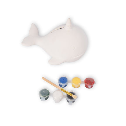 Stijlvolle Witte Spaarpot van Keramiek - Muntenpotje - Duurzaam Geldpotje - Spaarblik - 15x12x11cm - met 1x paintbrush - 6kleuren