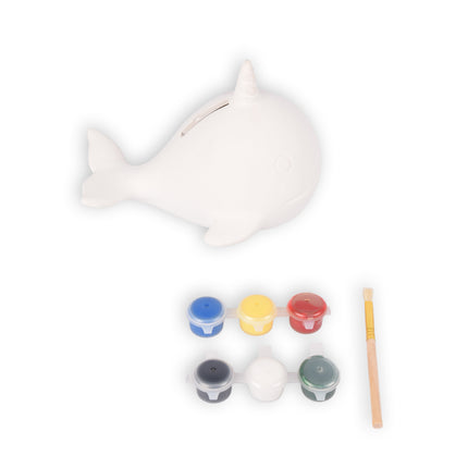 Stijlvolle Witte Spaarpot van Keramiek - Muntenpotje - Duurzaam Geldpotje - Spaarblik - 15x12x11cm - met 1x paintbrush - 6kleuren