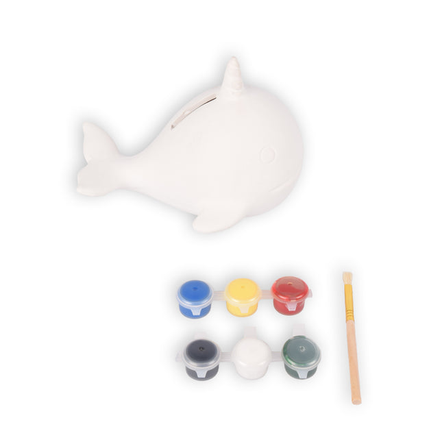 Stijlvolle Witte Spaarpot van Keramiek - Muntenpotje - Duurzaam Geldpotje - Spaarblik - 15x12x11cm - met 1x paintbrush - 6kleuren