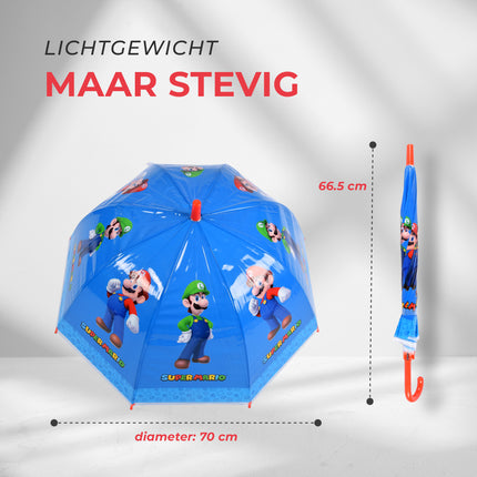 Super Mario-Luigi Kinderparaplu in Blauw & Rood | Kunststof en Aluminium | Diameter 70cm | Lengte 66.5cm | Niet Automatisch | Ideaal vanaf 3 Jaar | Perfect voor Origineel Geschenk