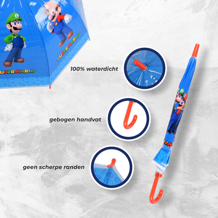 Super Mario-Luigi Kinderparaplu in Blauw & Rood | Kunststof en Aluminium | Diameter 70cm | Lengte 66.5cm | Niet Automatisch | Ideaal vanaf 3 Jaar | Perfect voor Origineel Geschenk