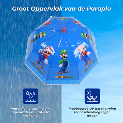Super Mario-Luigi Kinderparaplu in Blauw & Rood | Kunststof en Aluminium | Diameter 70cm | Lengte 66.5cm | Niet Automatisch | Ideaal vanaf 3 Jaar | Perfect voor Origineel Geschenk