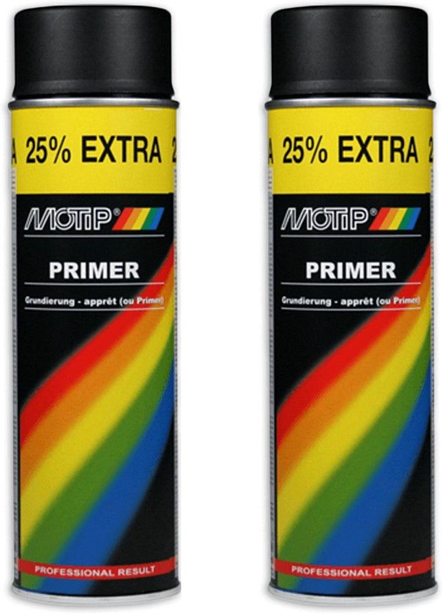 Motip verf primer 2 stuks Grondverf - Spuitbus Primer zwart sneldrogend 500 ML voor metaal , hout, aluminium en steen - 25 % EXTRA
