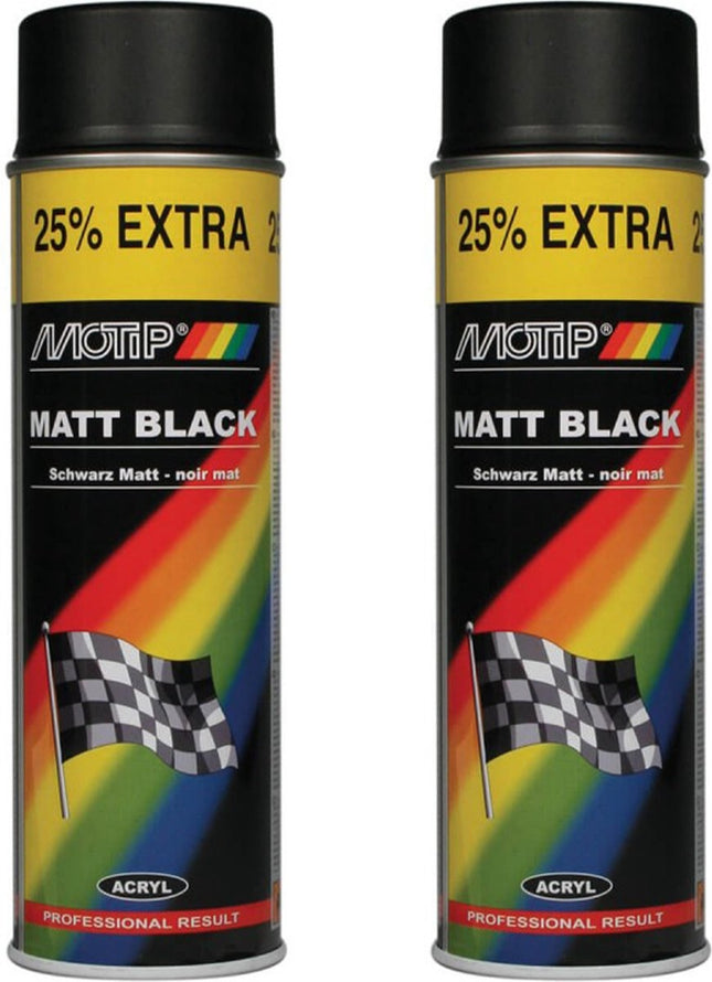 Motip verf 2 stuks spuitverf Mat zwart sneldrogend 500 mL voor metaal , hout, aluminium en steen - 25 % EXTRA  