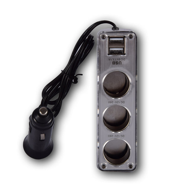 Autolader | Auto Oplader | 5-in-1 | Zwart | USB Splitter | 3.1A | Dubbele USB Poort | 3 12V Verdeelpunten | 50cm Kabel | Autoaccessoires | 4.5cm*11.5cm*4cm 