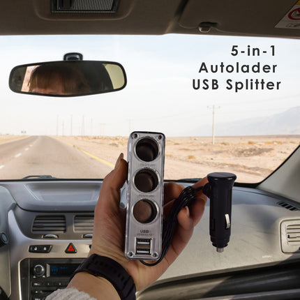 Autolader | Auto Oplader | 5-in-1 | Zwart | USB Splitter | 3.1A | Dubbele USB Poort | 3 12V Verdeelpunten | 50cm Kabel | Autoaccessoires | 4.5cm*11.5cm*4cm 