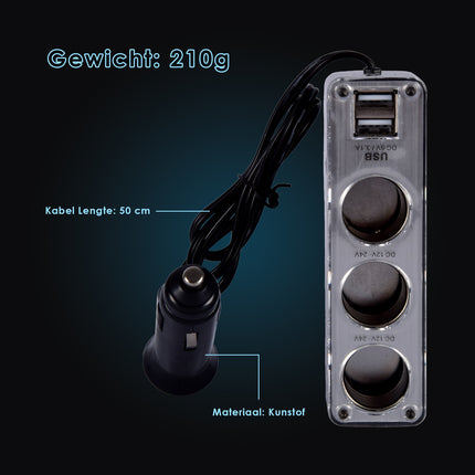 Autolader | Auto Oplader | 5-in-1 | Zwart | USB Splitter | 3.1A | Dubbele USB Poort | 3 12V Verdeelpunten | 50cm Kabel | Autoaccessoires | 4.5cm*11.5cm*4cm 