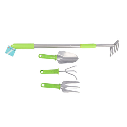 Handzame Tuinhark - Groen & Silver - 90cmx12.5cm - 3-delige Tuingereedschapset - Metaal & Plastic - Inhoud: 1 hark, 3 stuks tuingereedschap