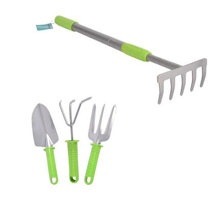 Handzame Tuinhark - Groen & Silver - 90cmx12.5cm - 3-delige Tuingereedschapset - Metaal & Plastic - Inhoud: 1 hark, 3 stuks tuingereedschap