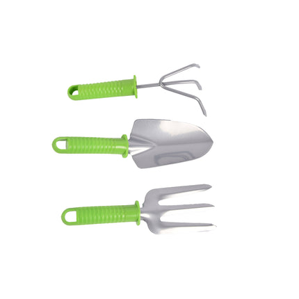 Handzame Tuinhark - Groen & Silver - 90cmx12.5cm - 3-delige Tuingereedschapset - Metaal & Plastic - Inhoud: 1 hark, 3 stuks tuingereedschap