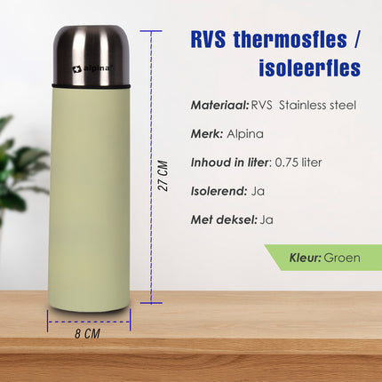 Groene RVS Thermosfles 750ml - Blijf Je Drank Lang Warm of Koud - Diameter 7.50 cm - Perfect voor Thuis, Werk of Onderweg - 27cmx8cm
