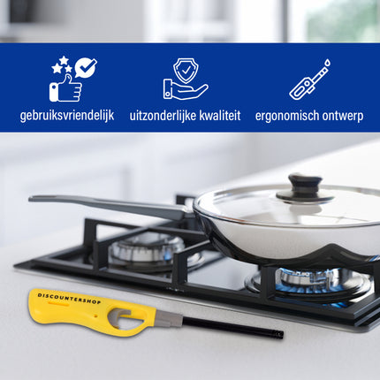 Gasaansteker 26 cm Geel - Navulbare Keukenaansteker met Kinderslot - Voor Kaarsen - BBQ- Keuken en Kamperen