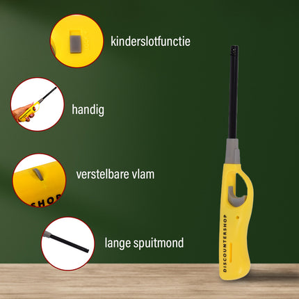 Gasaansteker 26 cm Geel - Navulbare Keukenaansteker met Kinderslot - Voor Kaarsen - BBQ- Keuken en Kamperen