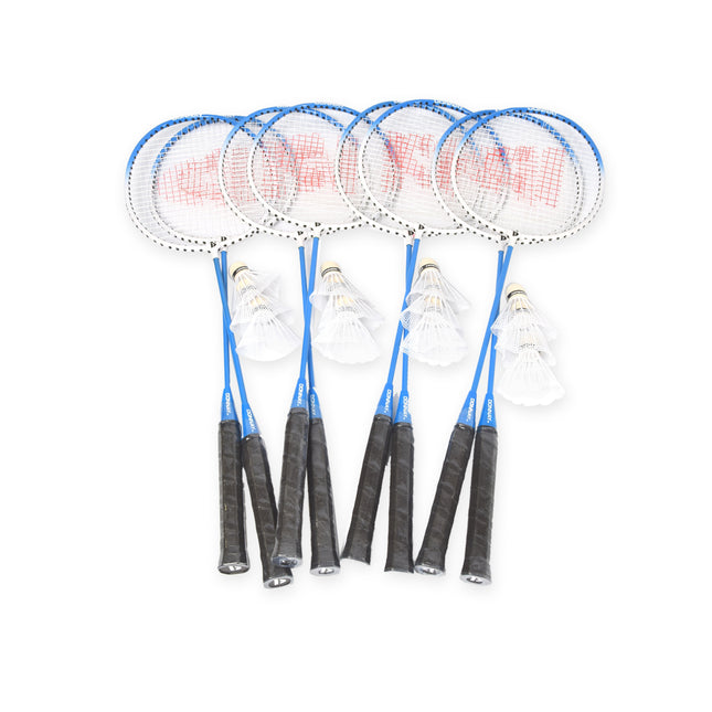 4 Sets met in totaal 8 Badmintonrackets en 12 Shuttles  | aluminium/bio plastic | Rackettas | blauw | tennistas | 68cm*22.5cm
