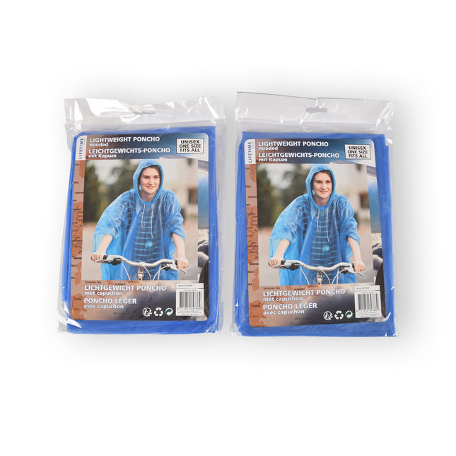 Blauwe Waterdichte Regenponcho Set - Lichtgewicht Regenkleding voor Ultieme Bescherming - Met Capuchon: 130cm, Kunststof - Set van 2 