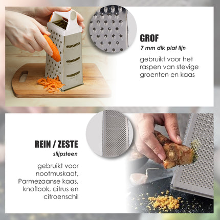 Multifunctionele Mini Kaasrasp Van Roestvrijstaal In Zilver | Extra Scherpe Keukenrasp Voor Kaas Citroen Groenten | Compacte 10.5cm X 8.5cm X 24.5cm | Ergonomisch Handvat | Ideaal Voor Zowel Grof Als Fijn Raspen
