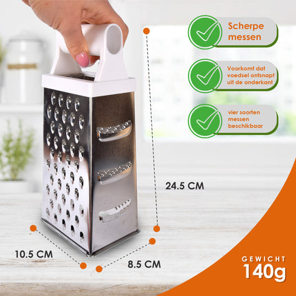 Multifunctionele Mini Kaasrasp Van Roestvrijstaal In Zilver | Extra Scherpe Keukenrasp Voor Kaas Citroen Groenten | Compacte 10.5cm X 8.5cm X 24.5cm | Ergonomisch Handvat | Ideaal Voor Zowel Grof Als Fijn Raspen
