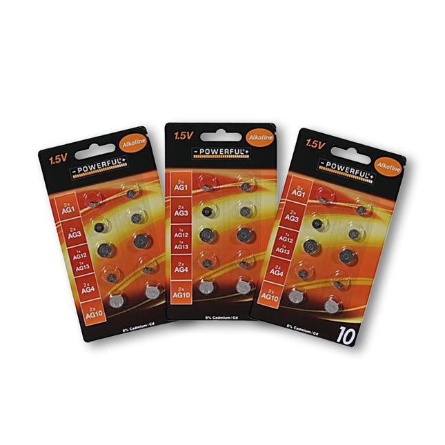 Complete Verzameling van 30 Hoogwaardige Zilveren Knoopcellen en Batterijen - Alkaline en Lithium, 1.5V Voltage - Bevat AG1, AG3, AG12, AG13, AG4 en AG10.