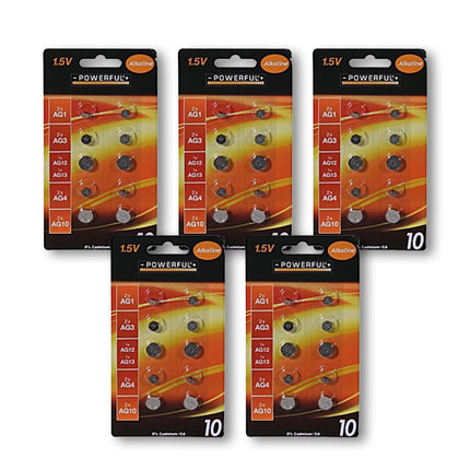 50-Delige Collectie van Hoogwaardige Knoopcellen en Batterijen - Zilverkleurig, 1.5V Voltage - Inclusief AG1, AG3, AG12, AG13, AG4 en AG10.