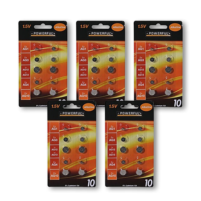 50-Delige Collectie van Hoogwaardige Knoopcellen en Batterijen - Zilverkleurig, 1.5V Voltage - Inclusief AG1, AG3, AG12, AG13, AG4 en AG10.