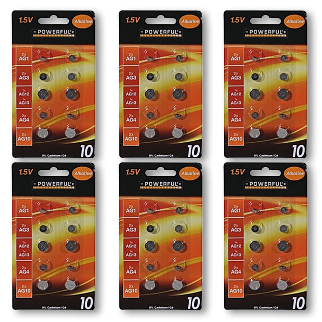 Complete Set van 60 Hoogwaardige Zilveren Knoopcellen en Batterijen - Alkaline en Lithium, 1.5V - Bevat AG1, AG3, AG12, AG13, AG4 en AG10.
