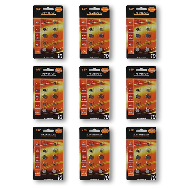 90 stuks Hoogwaardige Knoopcellen en Batterijen - Alkaline en Lithium, Zilver, 1.5V Voltage, inclusief AG1, AG3, AG12, AG13, AG4 en AG10.