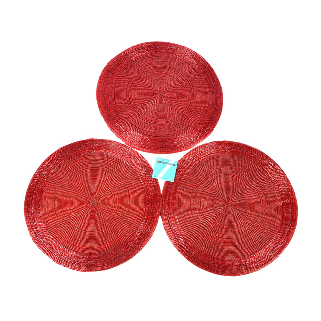 Set van 3 Luxe Rode Polyester Placemats | Elegante Ronde Vorm | Ø 31cm | 5mm Dikte | Multifunctionele Tafelbeschermers | Antislip en Waterafstotende Eigenschappen voor Optimale 