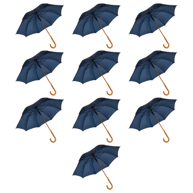 10 Navy Blauwe Automatische Paraplu's - Houten Stok en Handvat - Polyester en Aluminium Materiaal - 89x98cm