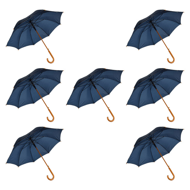Zeven Duurzame Automatische Paraplu's - Navy Blauw - Houten Stok en Handvat - Polyester en Aluminium - 89x98cm