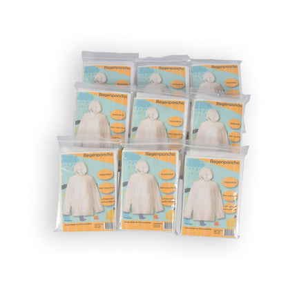 Bulk Set van 9 Waterdichte Regenponcho's - Unisex, Wit & Transparant, Voorzien van Capuchon.