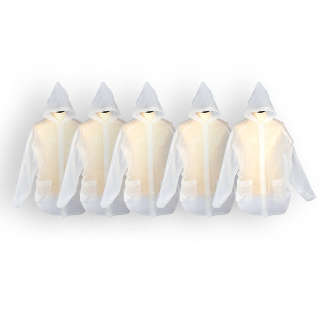 Waterdichte Regenponcho's - 5-Pack, Wit & Transparant, Unisex, 860g, Capuchon Inbegrepen.