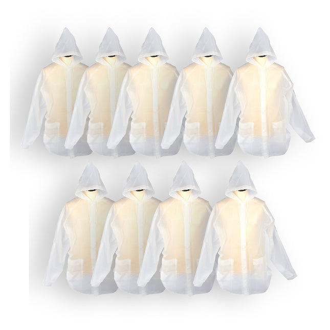 Bulk Set van 9 Waterdichte Regenponcho's - Unisex, Wit & Transparant, Voorzien van Capuchon.