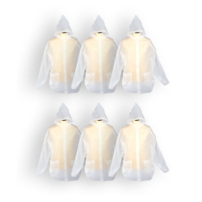 Set van 6 Unisex Regenponcho's - Waterdicht, Wit en Transparant, 860g, Compleet met Capuchon.