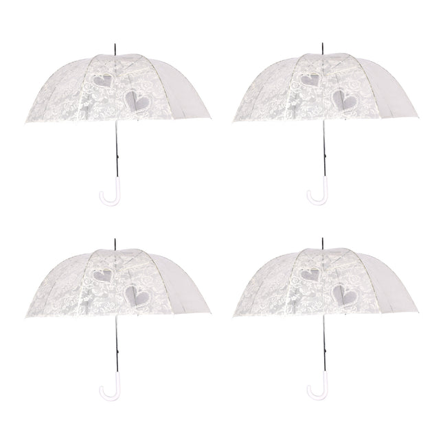 Set van 4 Transparante Bruidsparaplu’s 98 cm – Witte Franse Kant Trouwparaplu met Hartjes – Windproof Koepelparaplu voor Bruid en Bruiloft