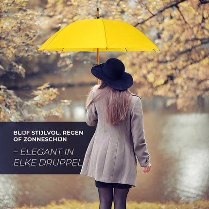 Vijfvoudige set van elegante gele stormparaplu's, elk met een diameter van 102 cm, opvouwbaar en automatisch.