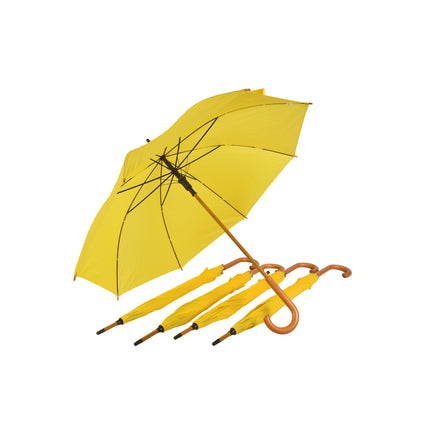 Vijfvoudige set van elegante gele stormparaplu's, elk met een diameter van 102 cm, opvouwbaar en automatisch.