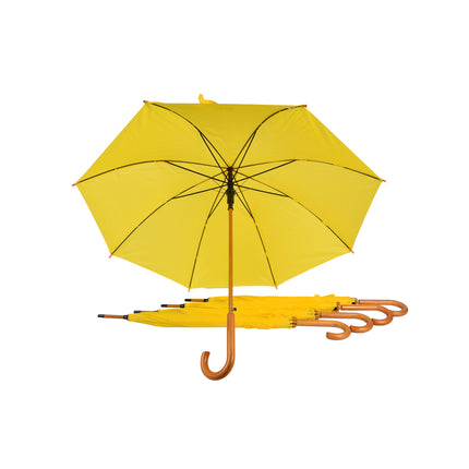 Vijfvoudige set van elegante gele stormparaplu's, elk met een diameter van 102 cm, opvouwbaar en automatisch.