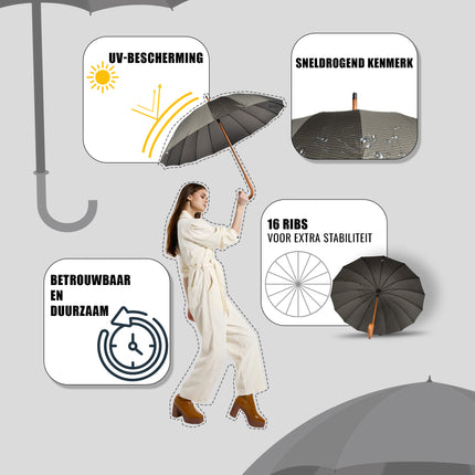 Zes Stevige Stormparaplu's - Breedte: 102cm - Zwart & Donkergroen - Houten Handvat - Voor Kamperen & Outdoor