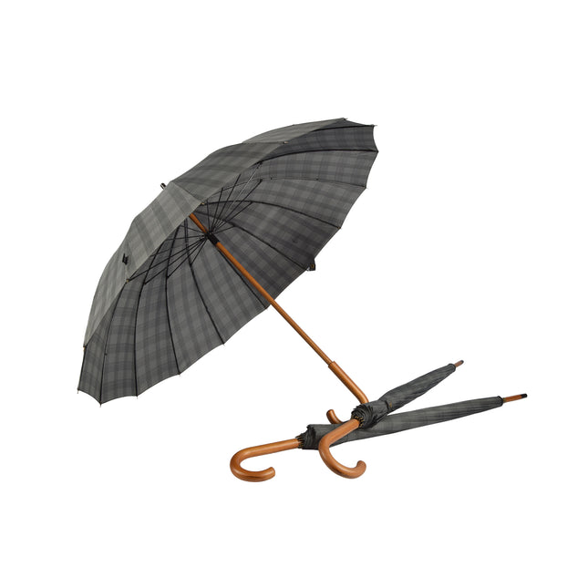 Triade van Robuuste Grijze Geruite Stormparaplu's: Voorzien van Houten Stok & Handvat, Elke Met 102cm Diameter en 16 Banen 