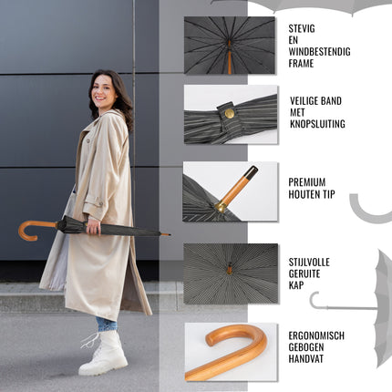Stijlvol & Praktisch: 8x Zwart-Witte Paraplu's voor Mannen & Vrouwen - 16 banen - Met Houten Handvat - 102cm Diameter 